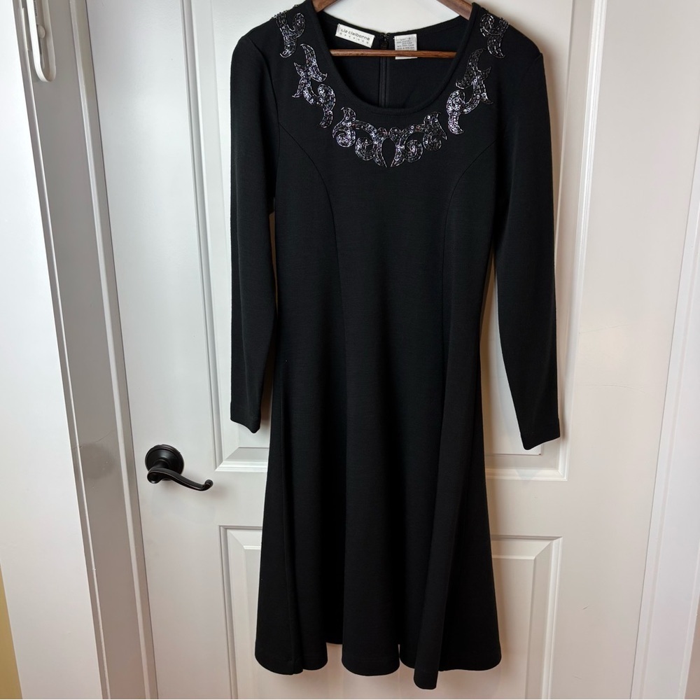 Liz Claiborne Wool Blend Black Midi Dress Beaded Neckline Small